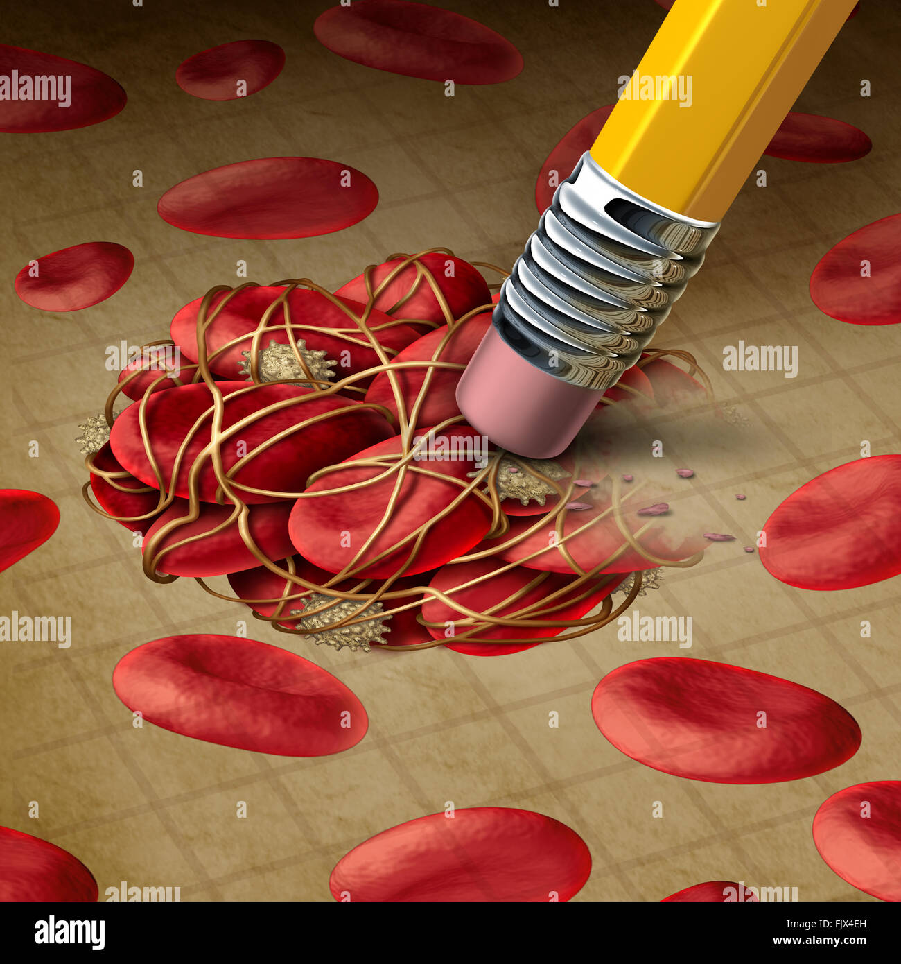 Blood clot and thrombosis treatment removing clots concept as a pencil eraser erasing the dangerous blockage clumped  by sticky Stock Photo