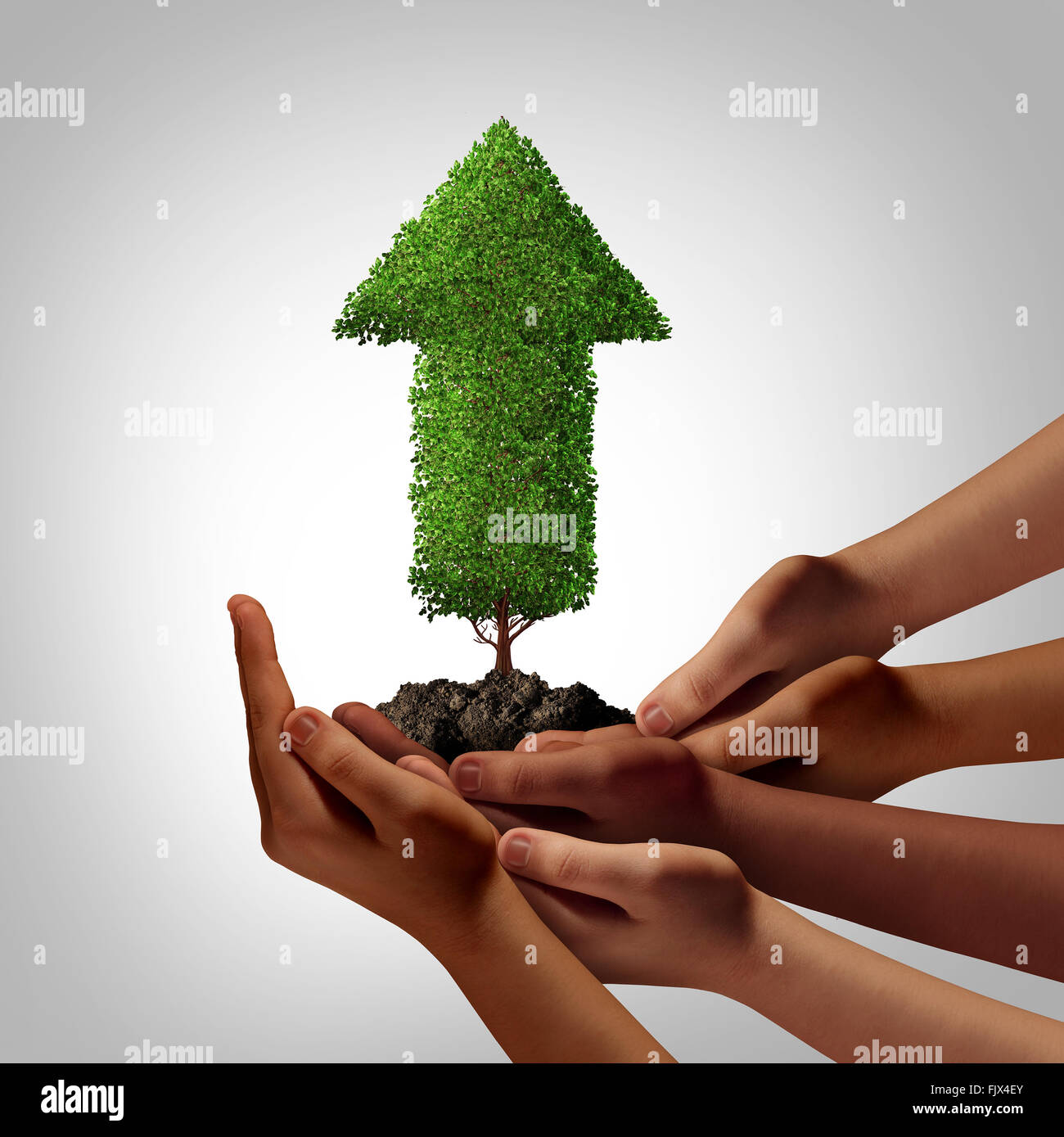 Diversity community working together for success concept as a group of multiethnic people hands full of soil holding up an arrow tree as a global cooperation and team empowerment metaphor. Stock Photo