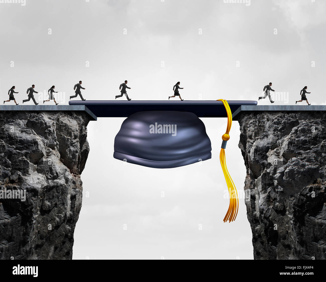Education career opportunities concept as a group of graduating university studends crossing a mortarboard or graduation cap acting as a bridge to provide an opportunity and bridging the gap for business success. Stock Photo