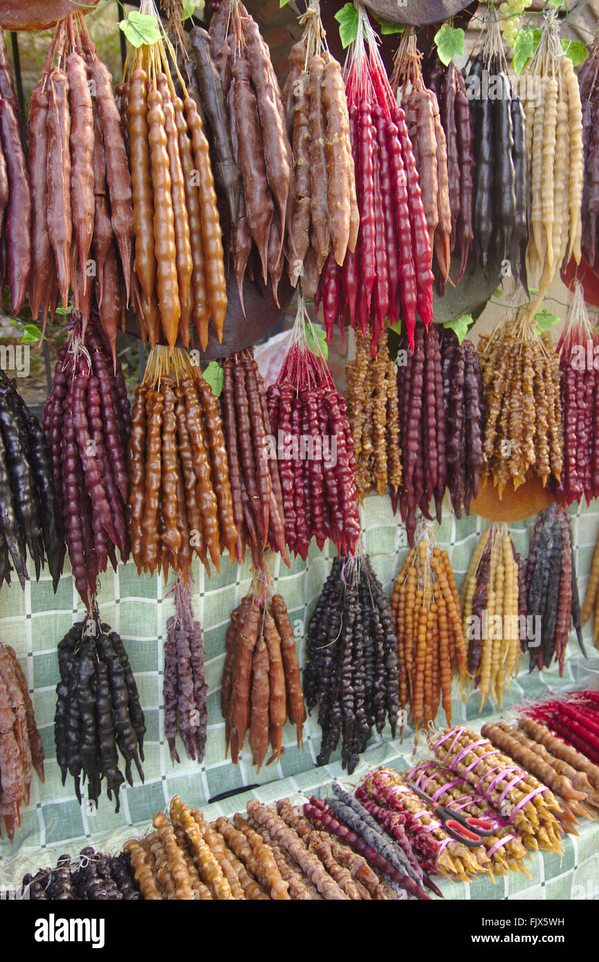 Churchkhela, candy with nuts and thickened grape juice, for