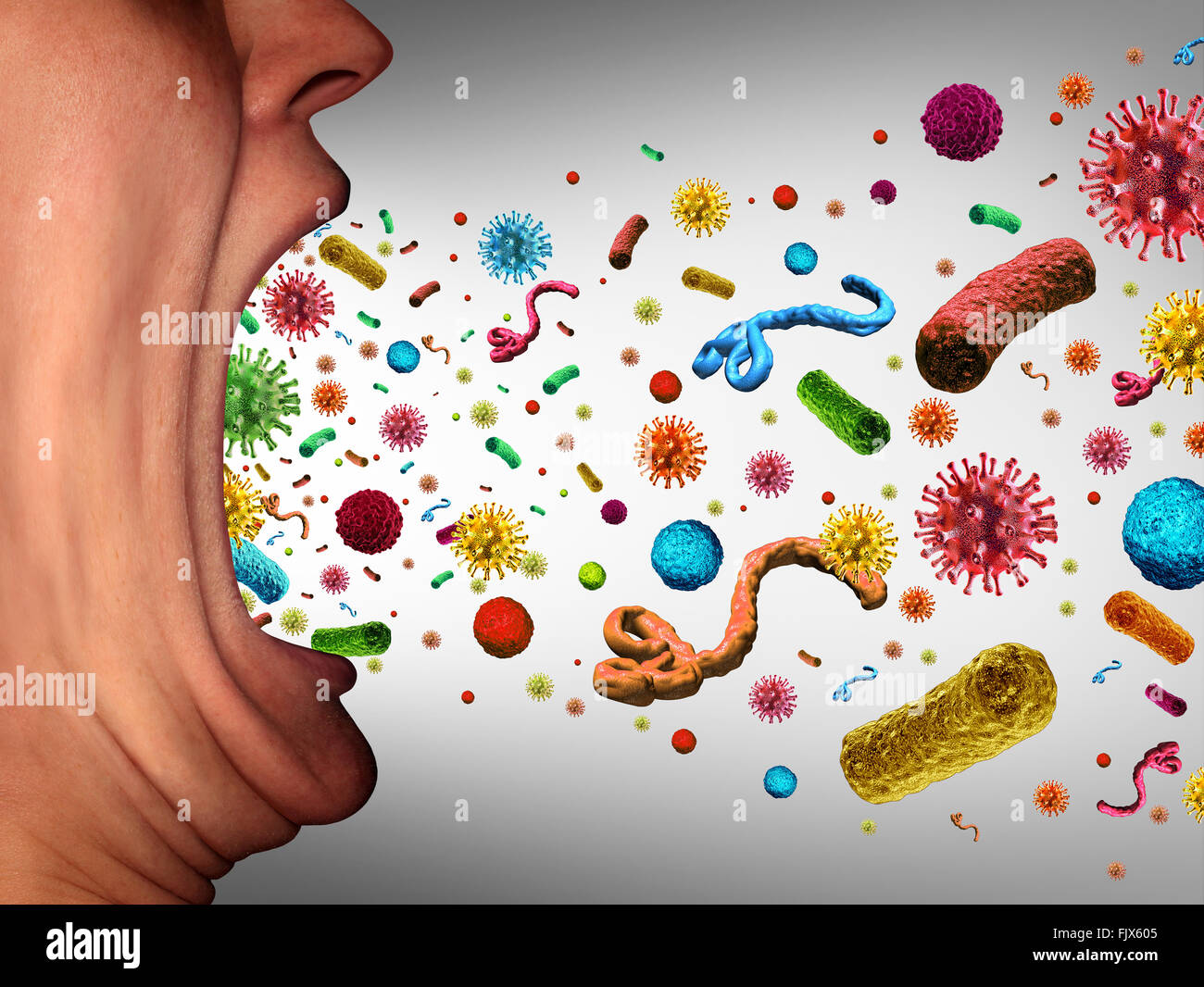 Human disease spreading as microscopic pathogens are being spread through an open mouth that is coughing or sneezing transmitting illness and contagious virus or bacteria as dangerous airborne germs. Stock Photo