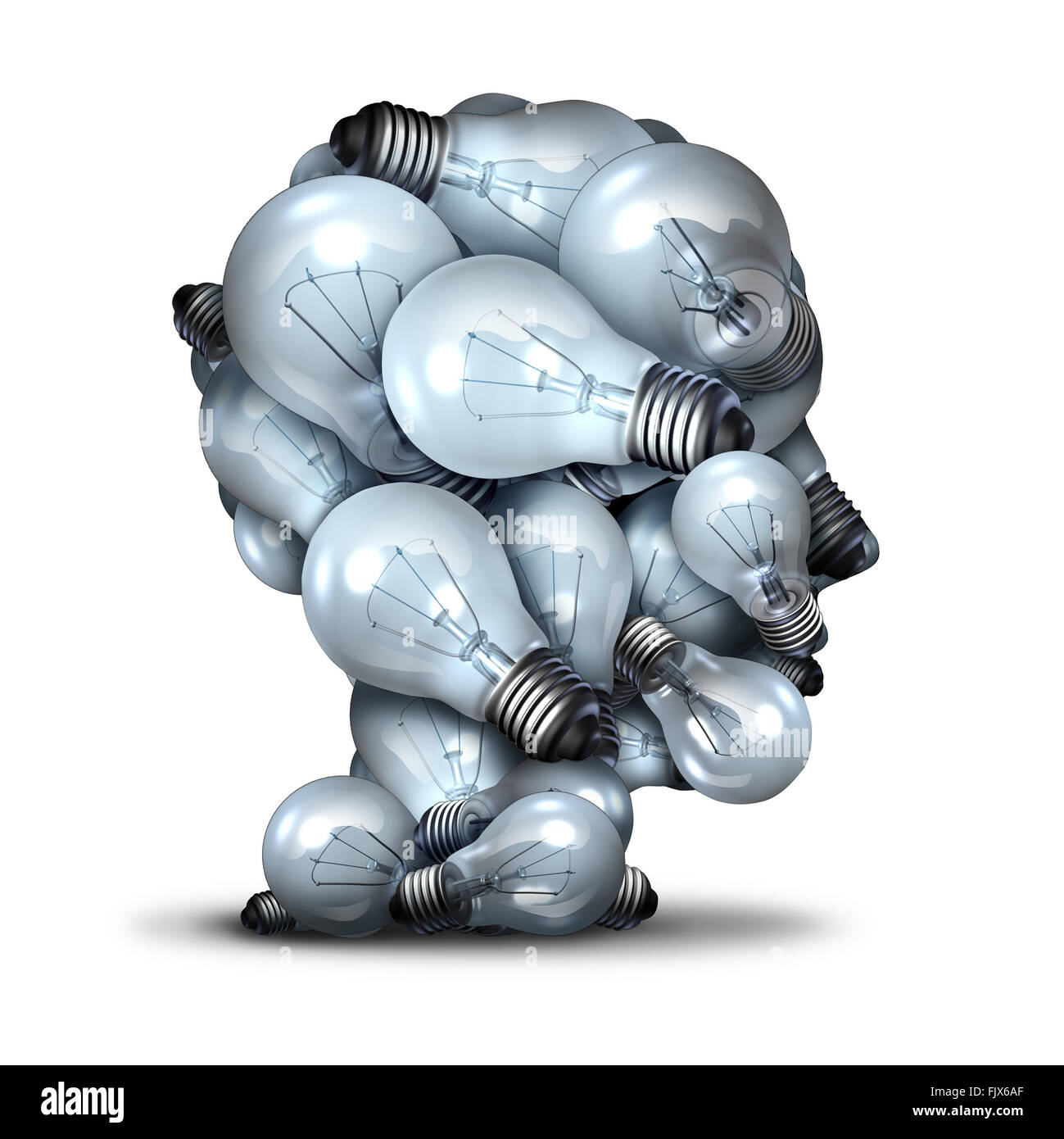 Light bulb head creativity and the power of imagination concept as a group of lightbulbs shaped as a human face as an inspiration symbol for thinking of new ideas and the inventive mind. Stock Photo