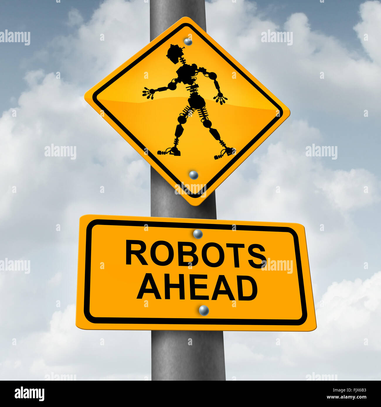 Robot and robotic technology concept as a traffic sign with a futuristic humanoid cyborg icon as a symbol forfuture innovation in artificial inelligence and high tech manufacturing or self driving car engineering. Stock Photo