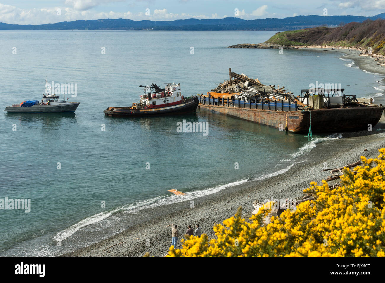 Beached stranded barge with load of junk at Clover Point beach-Victoria, British Columbia, Canada. Stock Photo