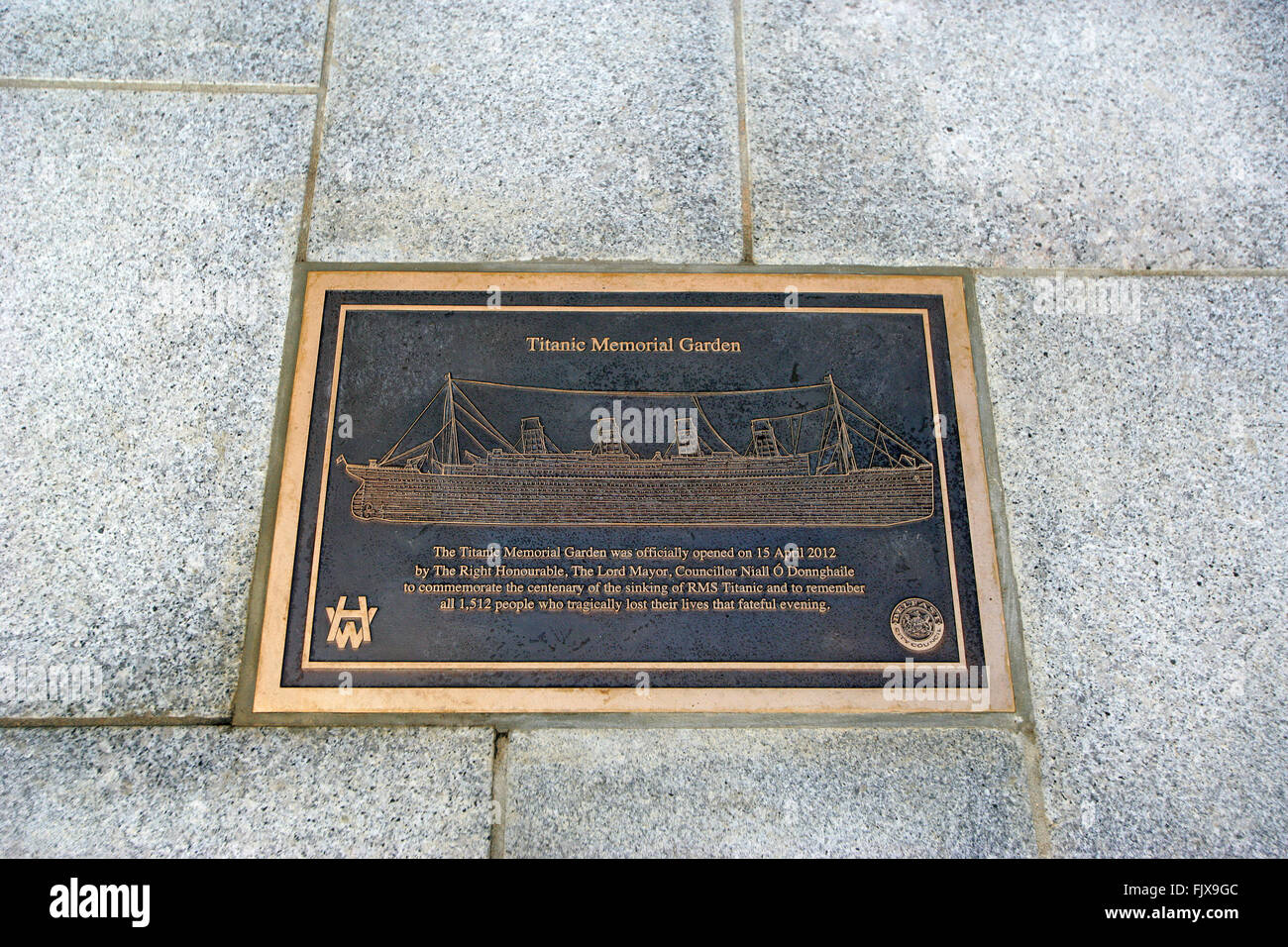 Belfast, UK. 15/04/2012 Memorial plaque at the centenary of the