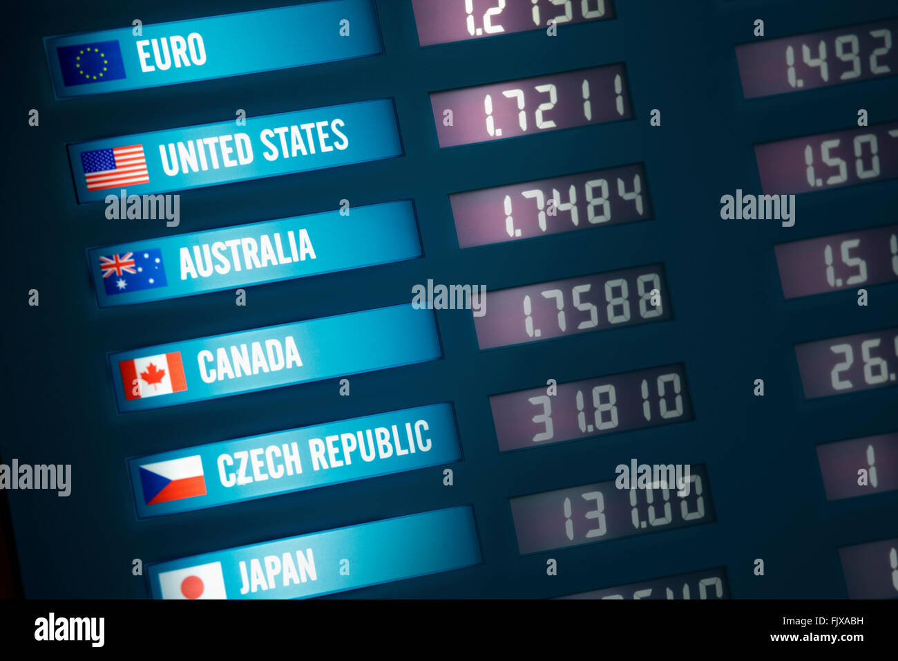 Illuminated currency exchange board showing exchange rates for various countries and currencies. Stock Photo