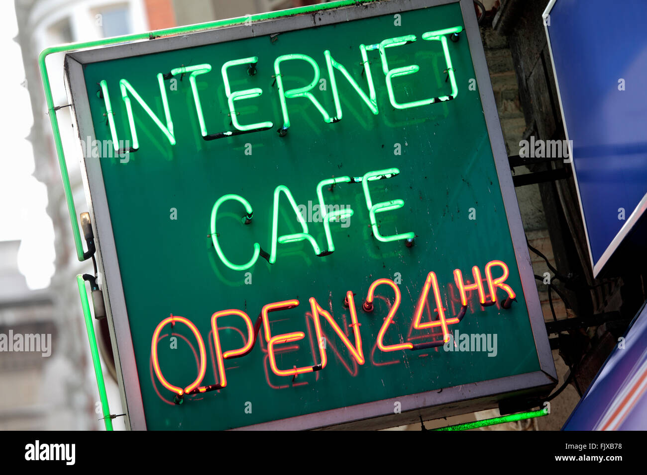 Neon Internet Cafe sign in Central London. Stock Photo