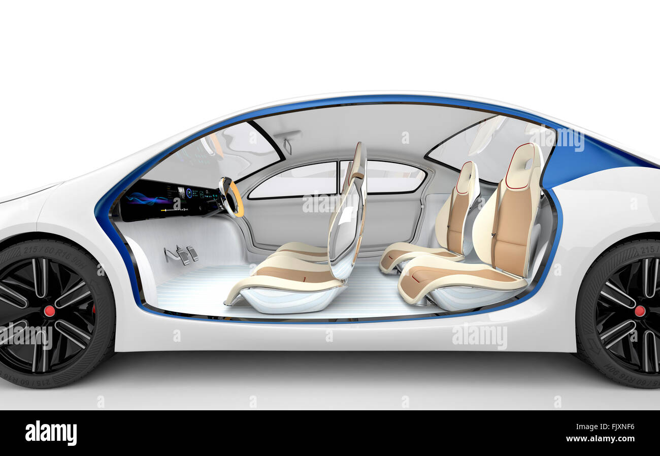 Side view of autonomous electric car. The car offer folding steering wheel, rotatable passenger seat. Clipping path available. Stock Photo