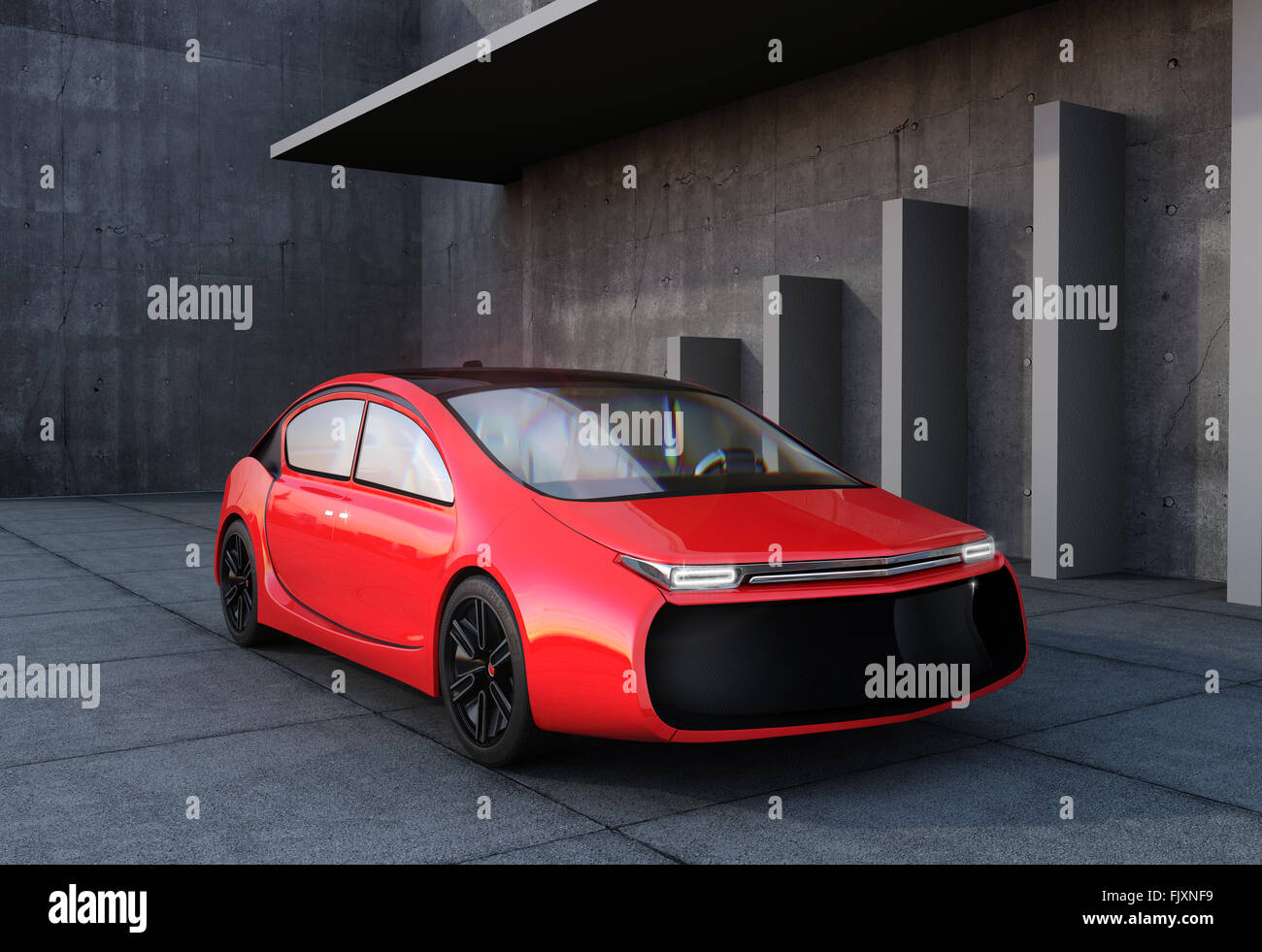 Red electric car and concrete wall. 3D rendering image. Stock Photo