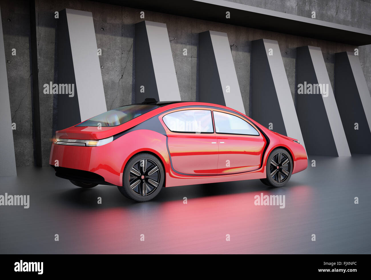 Rear view of red electric car. 3D rendering image. Stock Photo