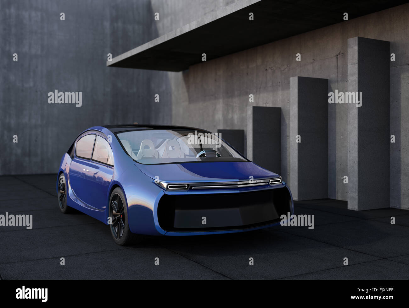 Blue electric car and concrete wall. 3D rendering image. Stock Photo