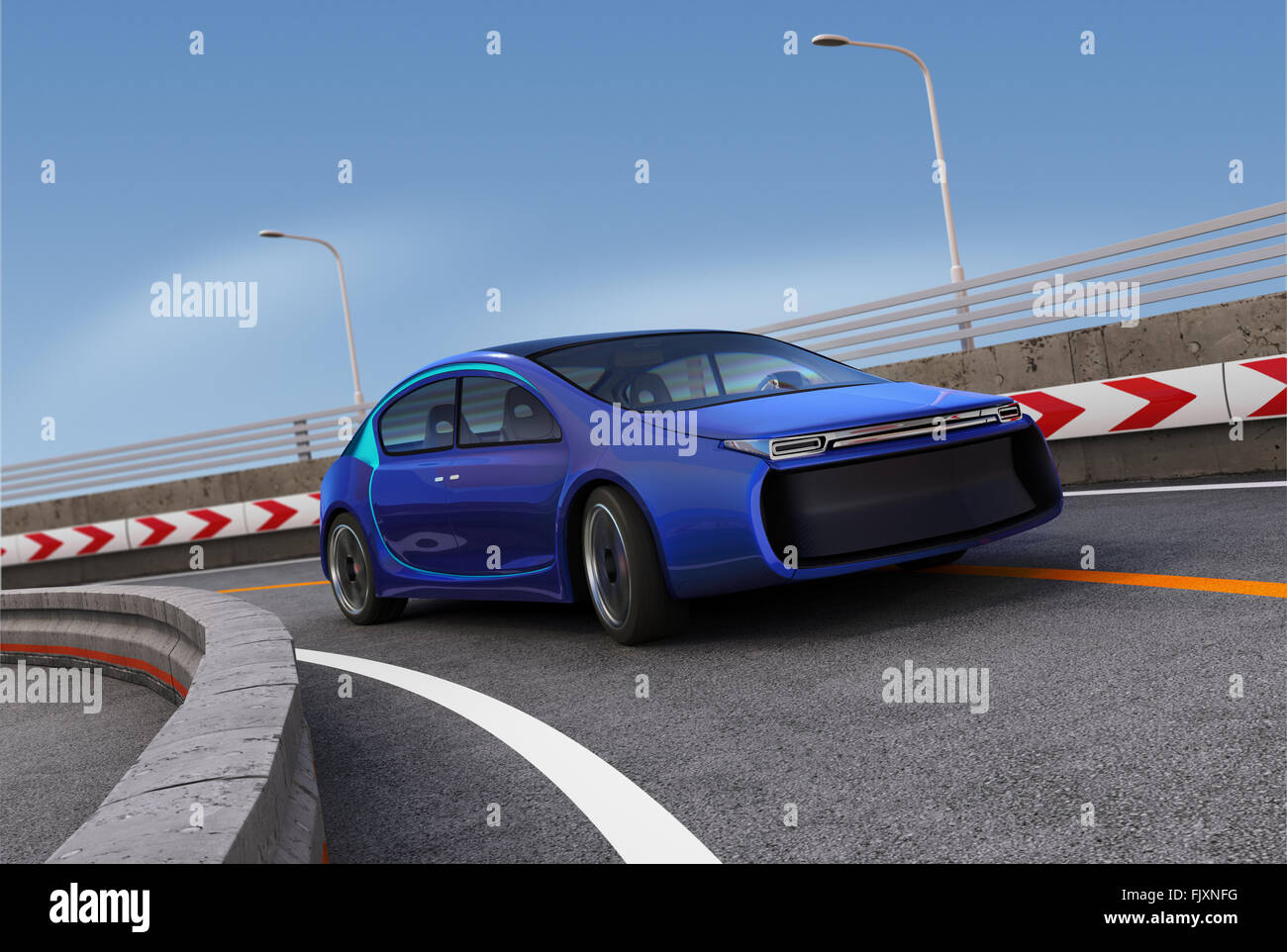 Blue electric car on highway with motion blur background. 3D rendering image. Stock Photo