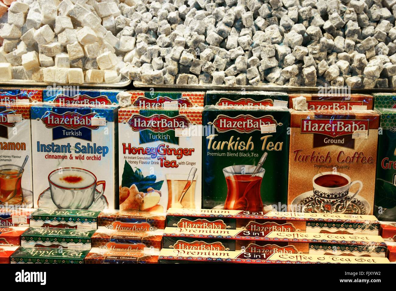 Traditional Turkish teas and Turkish Delight in food delicatessen shop inside famous Spice Bazaar Istanbul city centre, Turkey Stock Photo