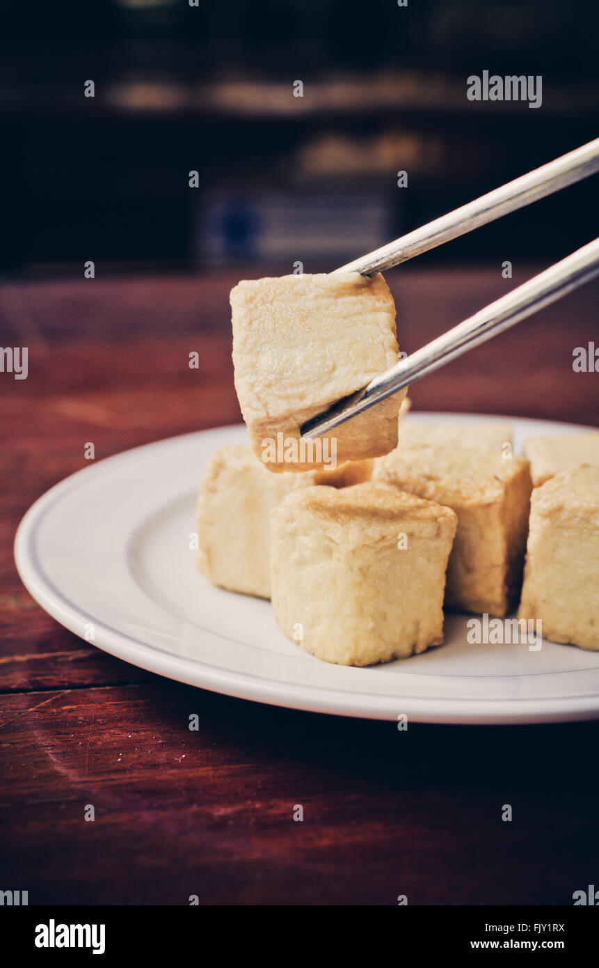 delicious fried Tofu and fish, Vintage color filter Stock Photo