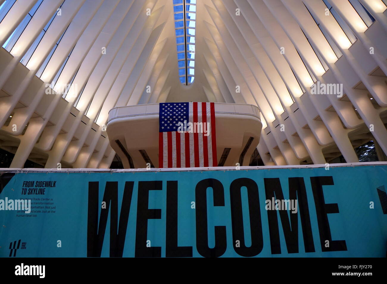 New York City, USA. 3rd March, 2016.  Welcome banner at the grand opening of the World Trade Center (WTC) Transportation Hub, Oculus. Credit:  stillbeyou/Alamy Live News Stock Photo