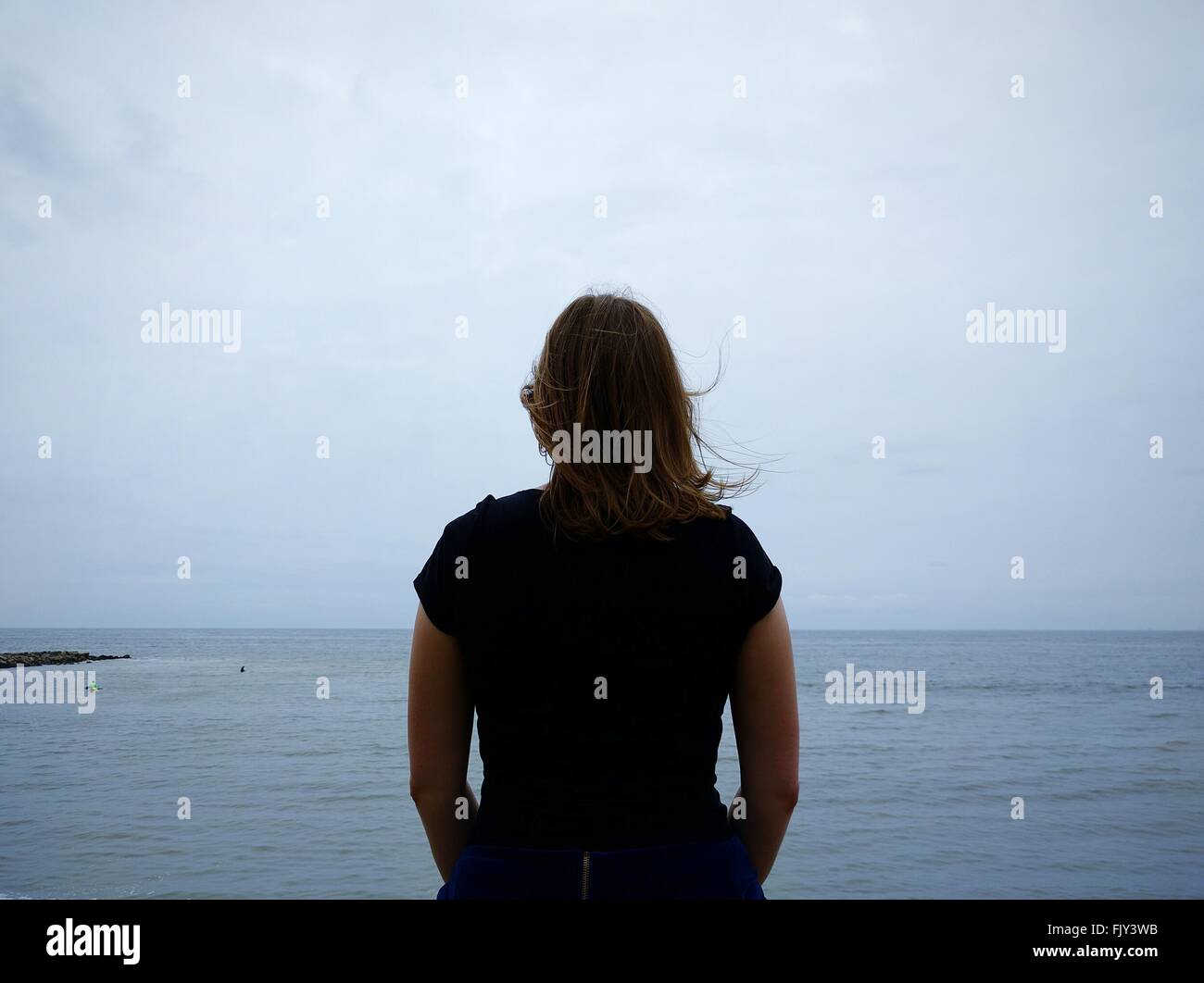 Rear View Of Woman Standing In Front Of Sea Against Sky Stock Photo