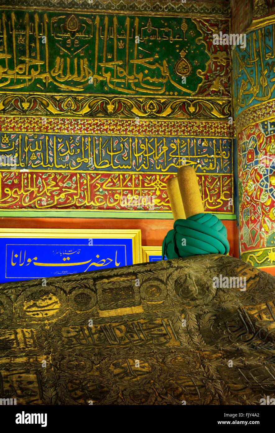 Mevlana Museum, city of Konya, Turkey. Brocade covered Sarcophagus of Persian Sufi mystic Mevlana aka Jalal ad-Din Muhammad Rumi Stock Photo