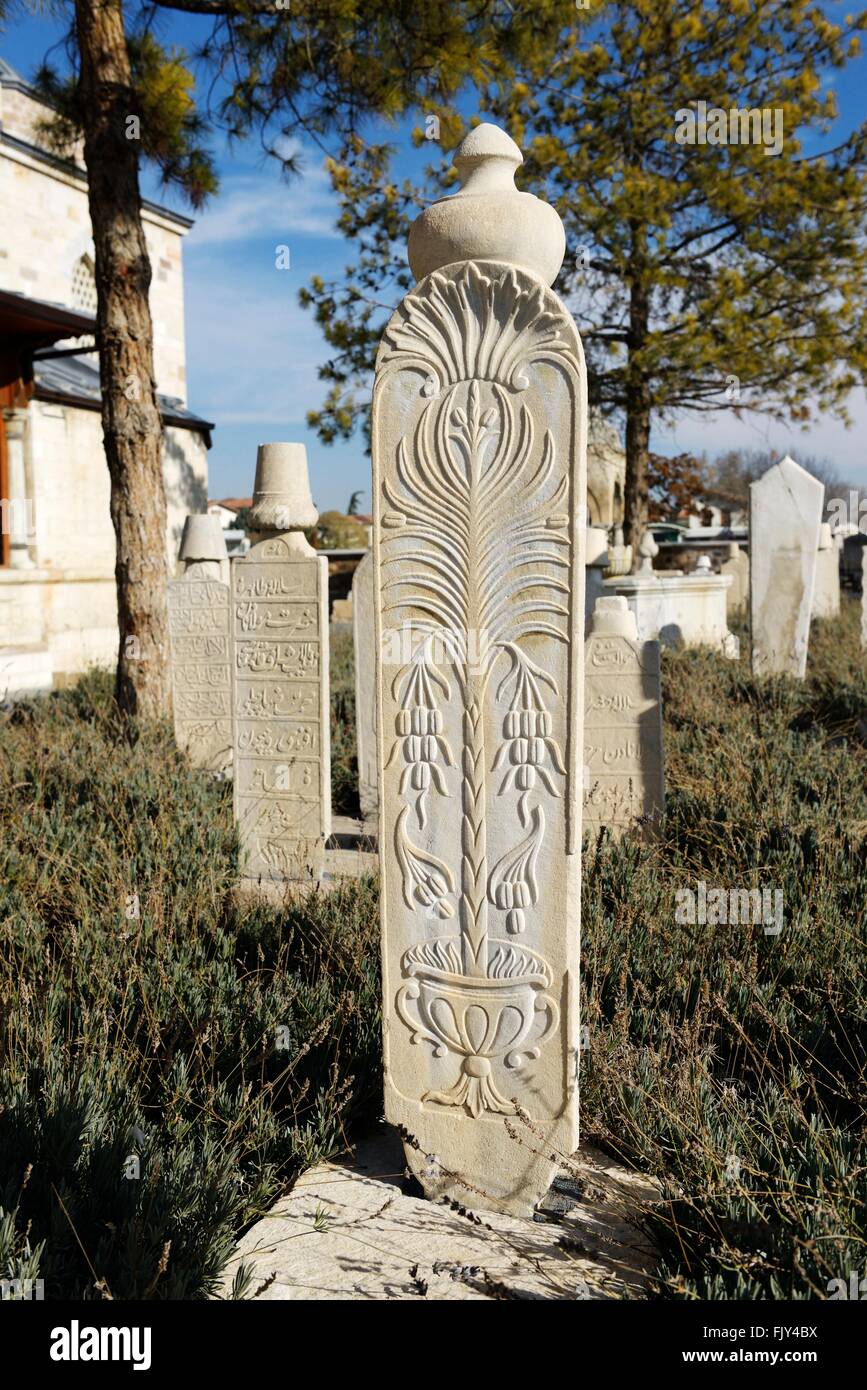 Mevlana Museum, city of Konya, Turkey. Ornate white grave slabs mark the Sufi reed flute and ney players whirling dervish tombs Stock Photo