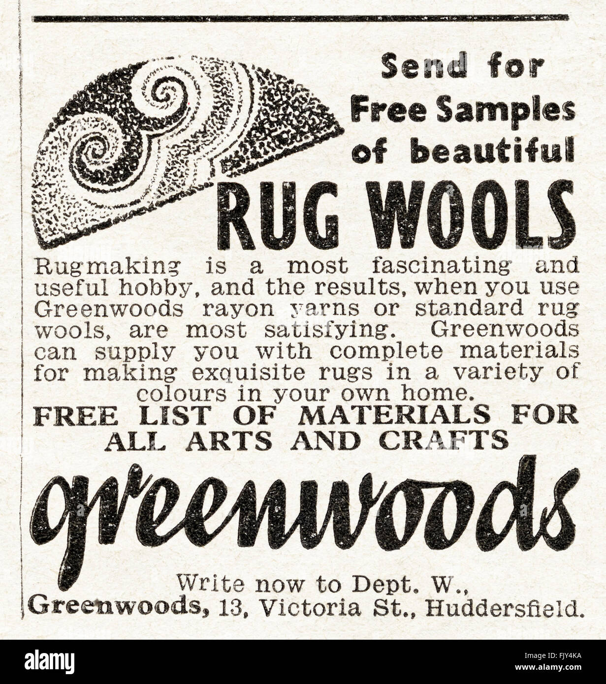 Original vintage advert from 1940s. Advertisement dated 1947 advertising RUG WOOLS for rug making by GREENWOODS of Huddersfield. Stock Photo