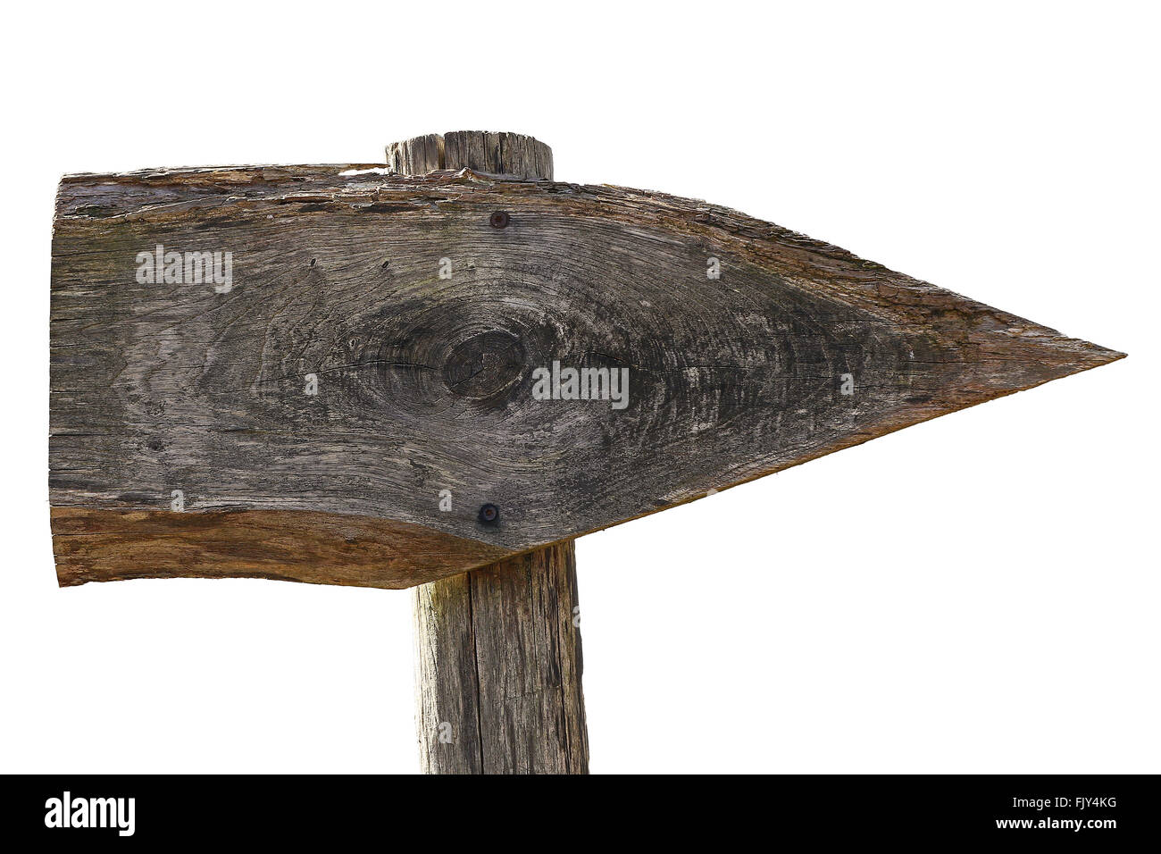 Old wooden direction sign, blank and in the shape of a tomahawk, isolated on white Stock Photo