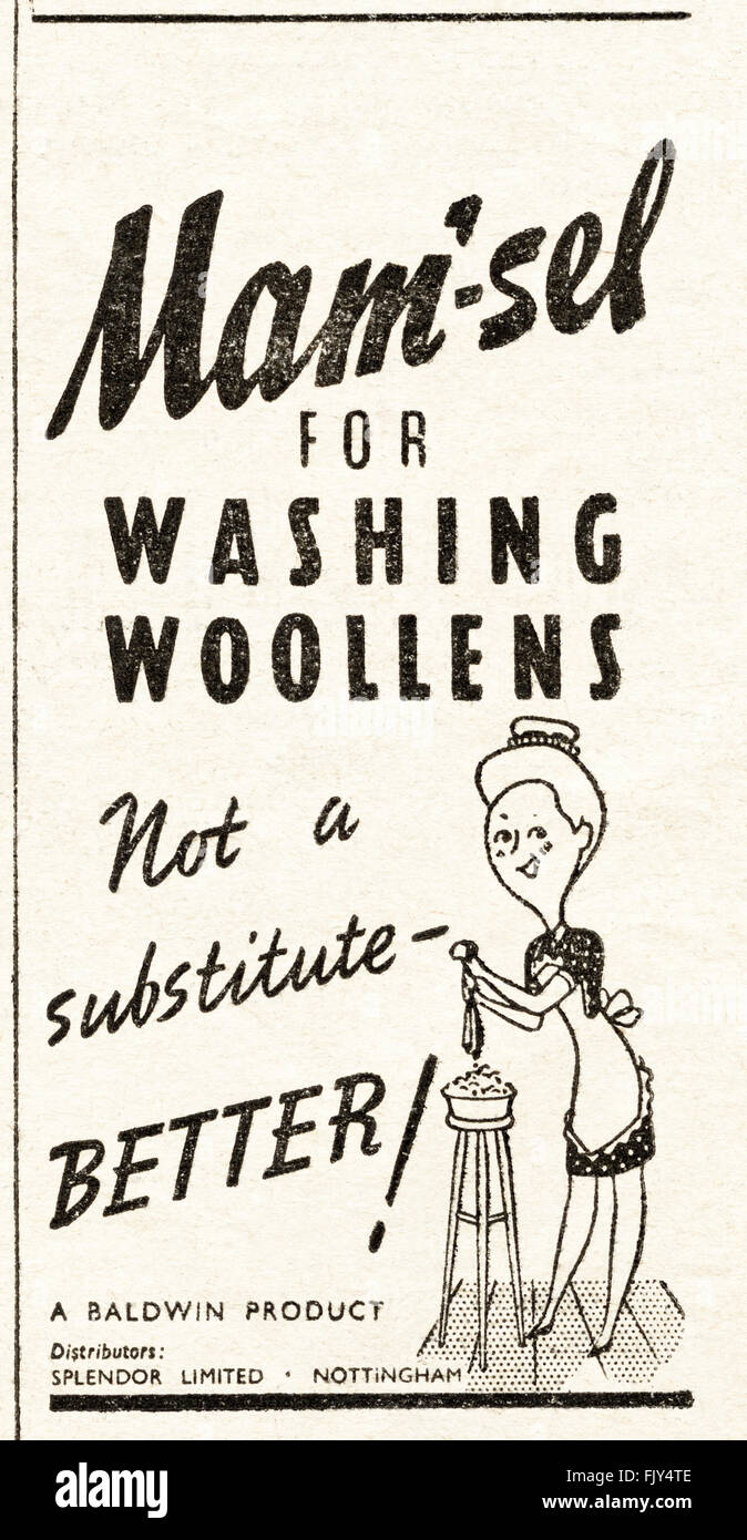 Original vintage advert from 1940s. Advertisement dated 1947 advertising MAM-SEL for washing woolens. Stock Photo