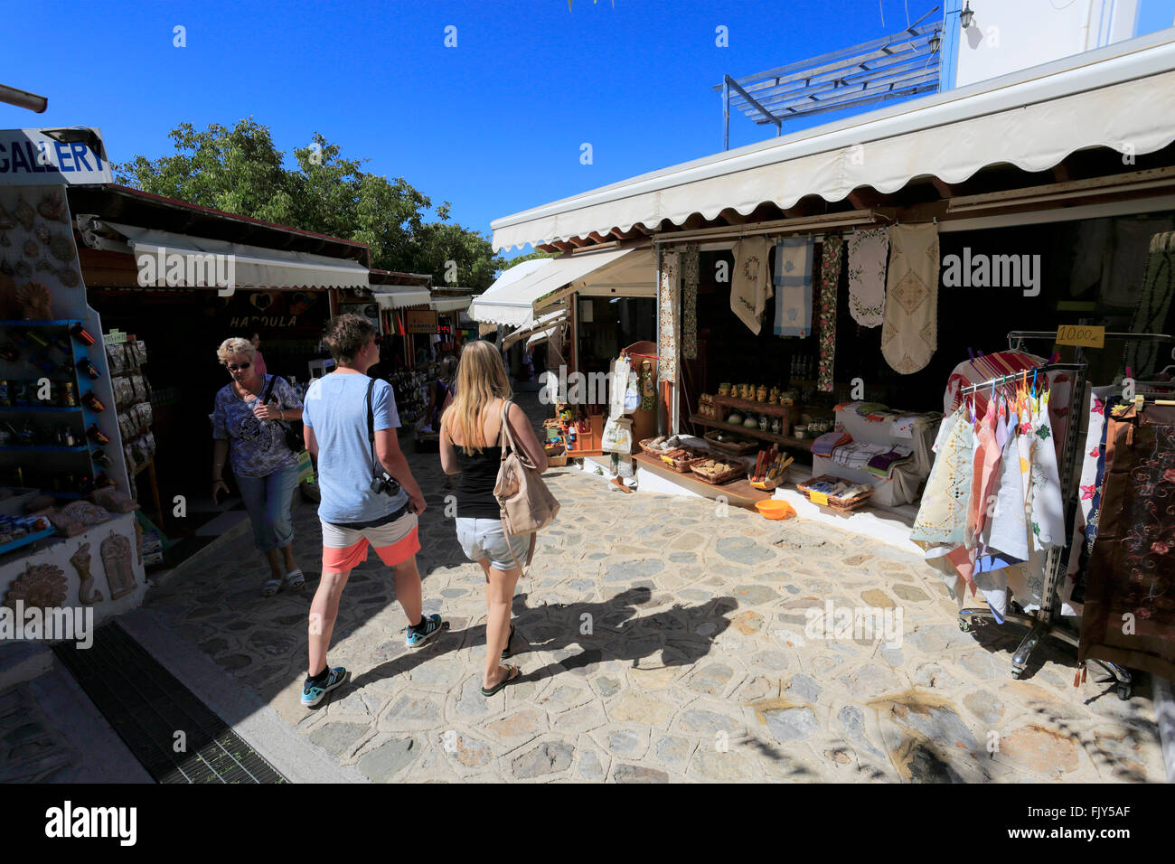 Tourist gifts in shops, Zia village, Kos Island, Dodecanese group of islands, South Aegean Sea, Greece. Stock Photo