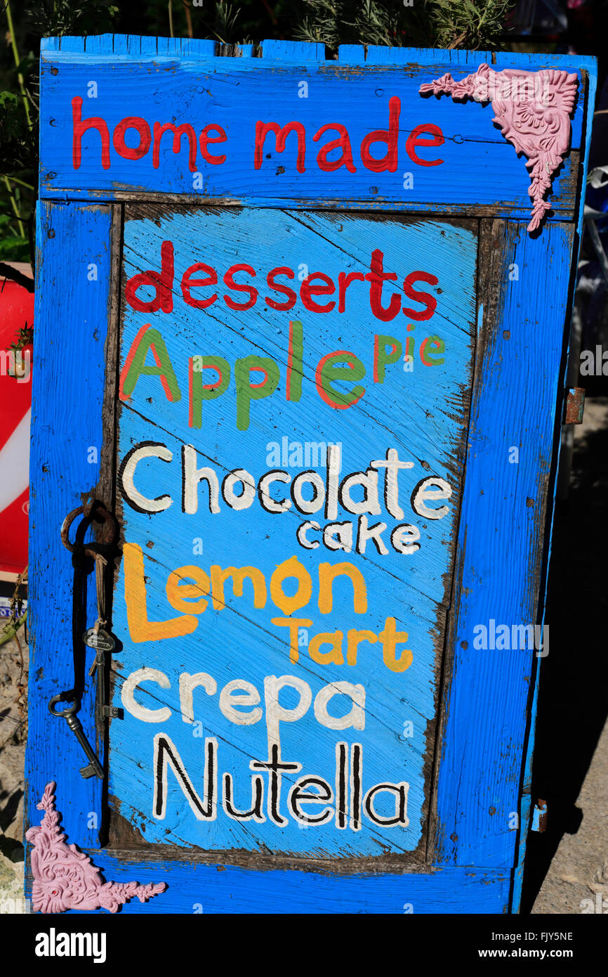 Cafe signs, Zia village, Kos Island, Dodecanese group of islands, South Aegean Sea, Greece. Stock Photo