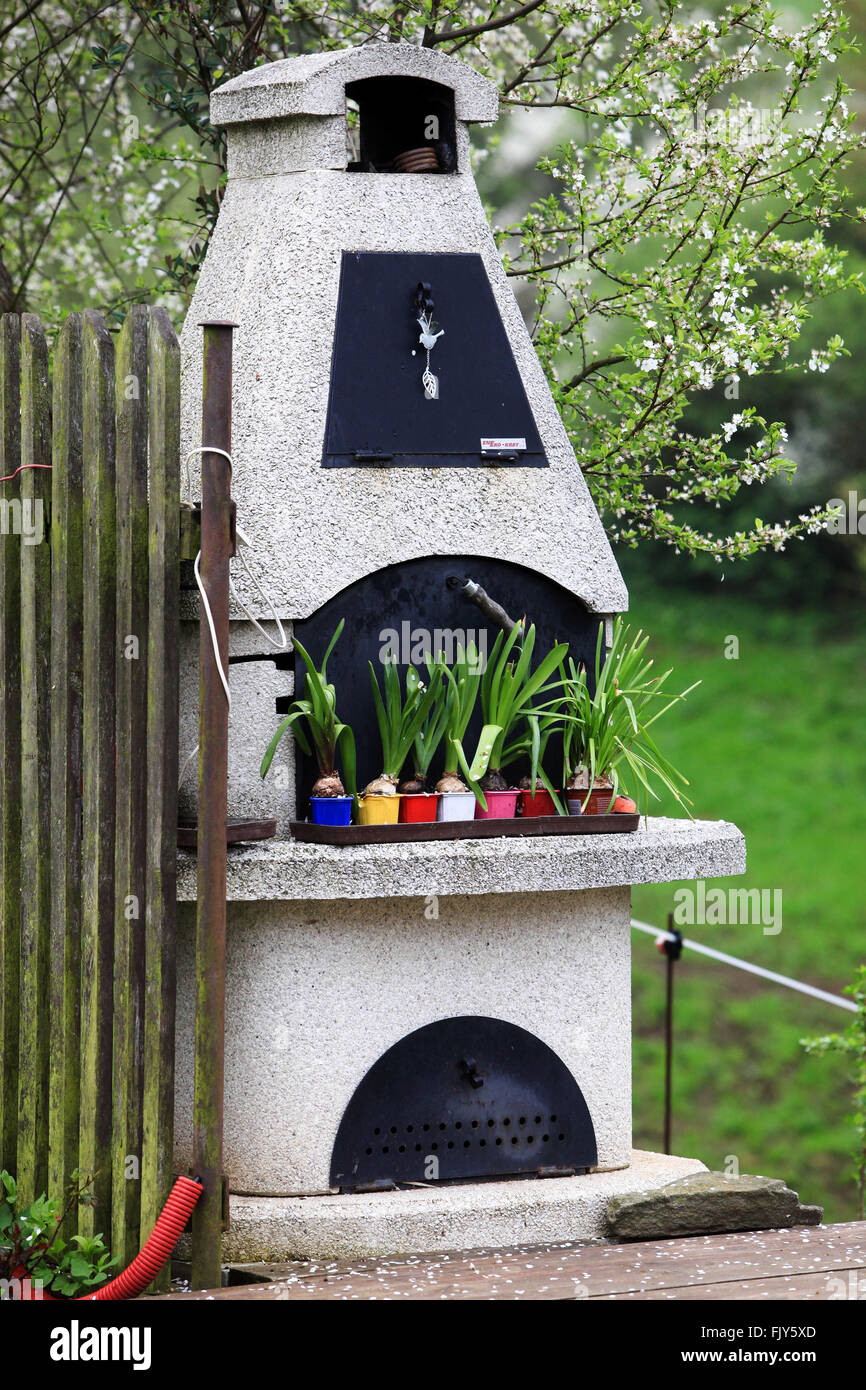 Garden grill during spring, garden fireplace Stock Photo