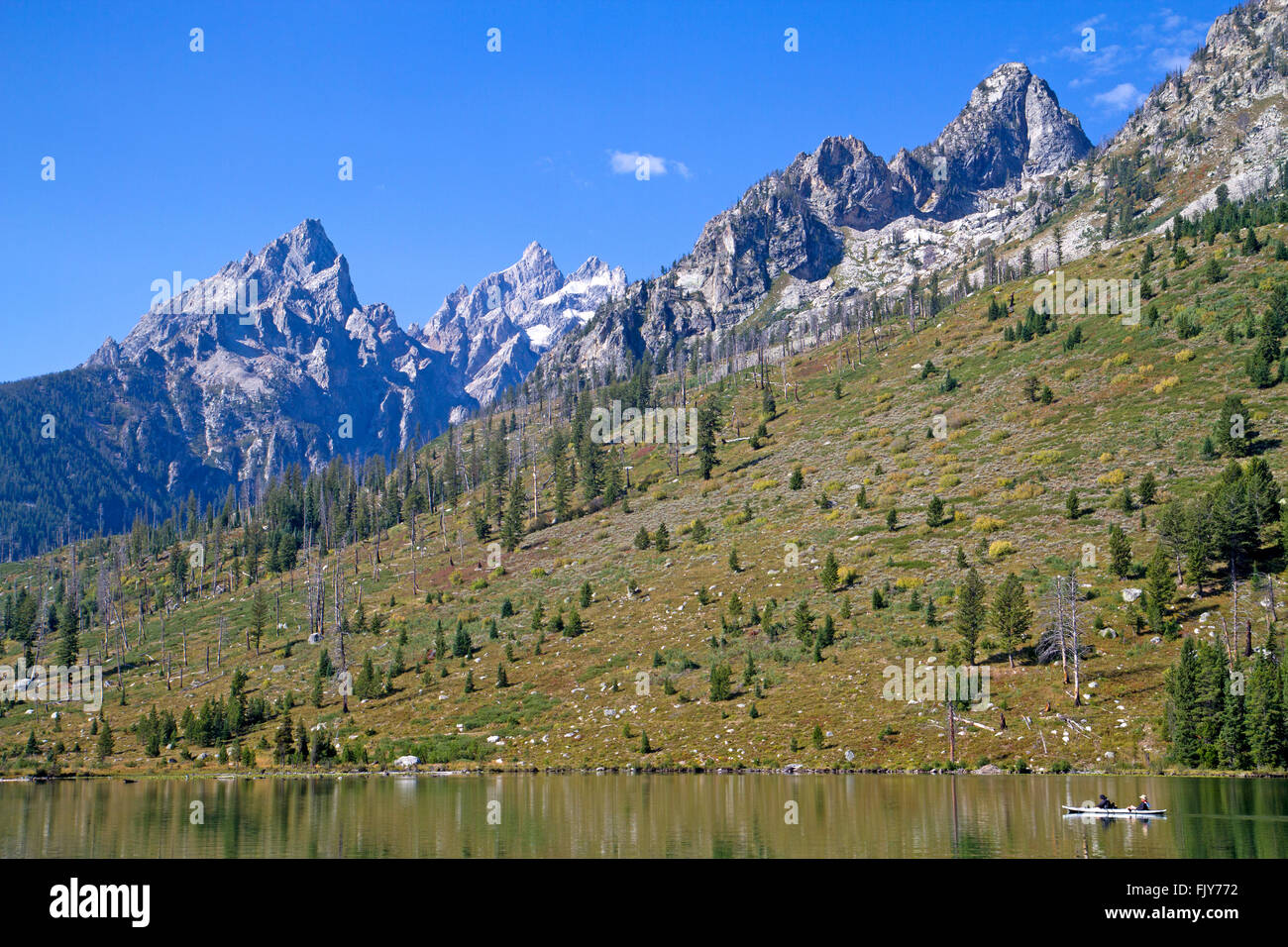 Canoeing in Jenny Lake, below the Teton Range Stock Photo Alamy