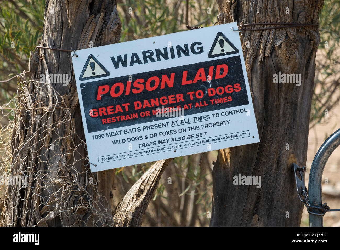 Poison bait for wild dogs and foxes warning sign in the Flinders Ranges in South Australia Stock Photo