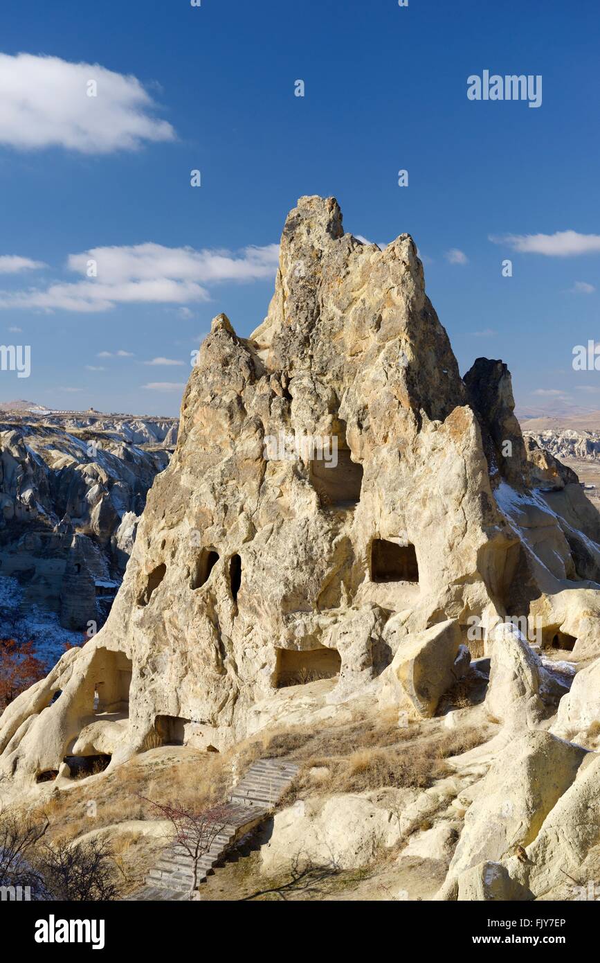 Eroded volcanic tuff early Christian nunnery troglodyte cave dwelling in Goreme Open Air Museum National Park, Cappadocia Turkey Stock Photo