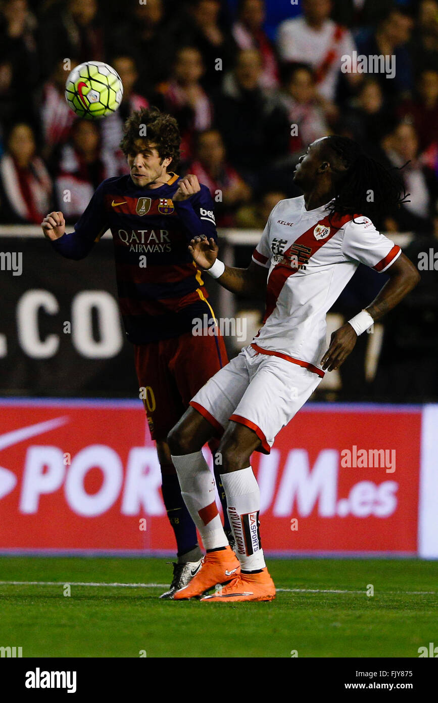 Madrid, Spain. 03rd Mar, 2016. Sergi Roberto Carnicer (20) FC Barcelona and Alhassane Bangoura (19) Rayo Vallecano. La Liga match between Rayo Vallecano and FC Barcelona at the Vallecas stadium in Madrid, Spain Credit:  Action Plus Sports/Alamy Live News Stock Photo