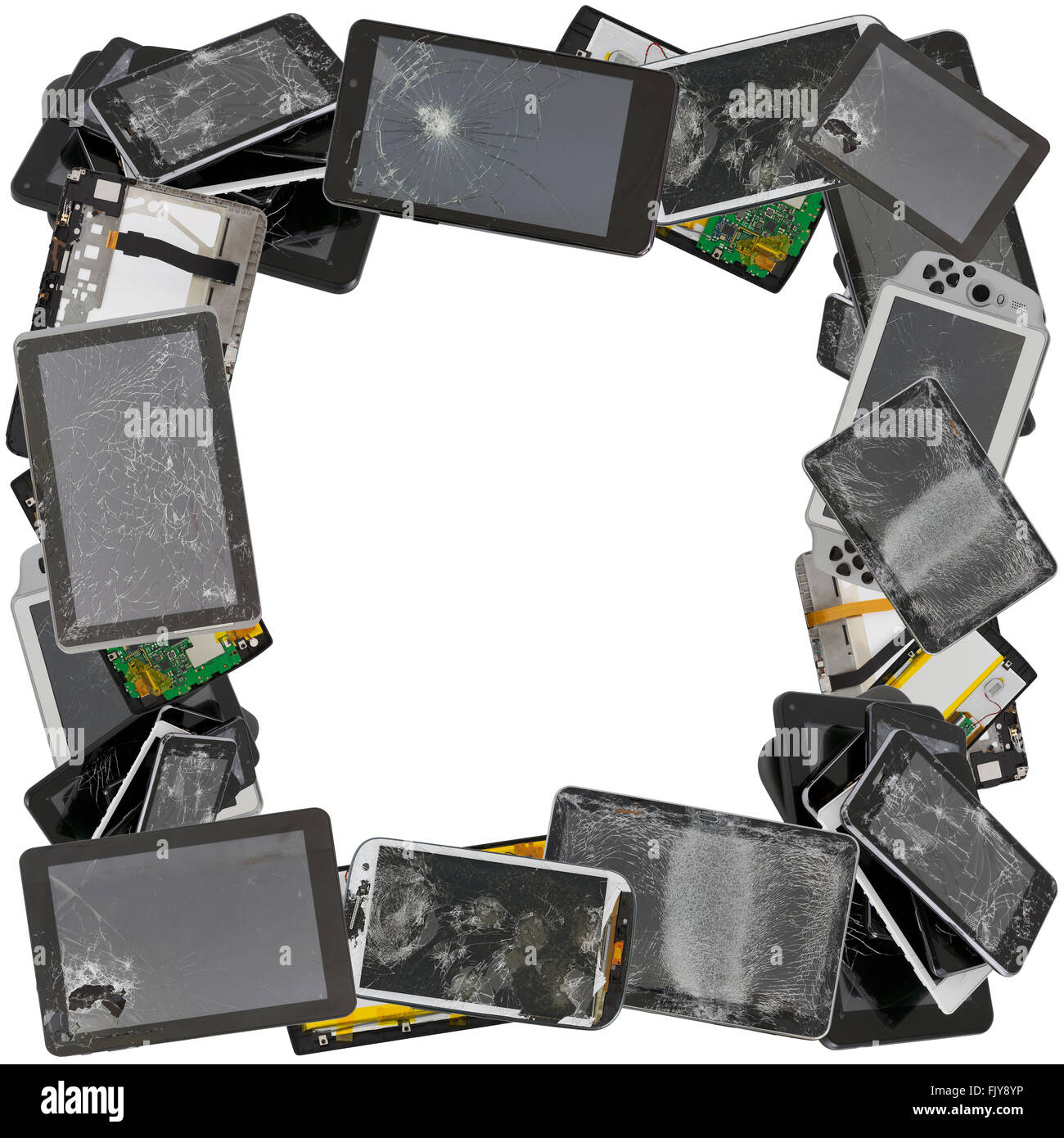 Square photo frame made from  the broken unusable faulty personal electronic devices and gadgets. Mass production. Isolated on w Stock Photo