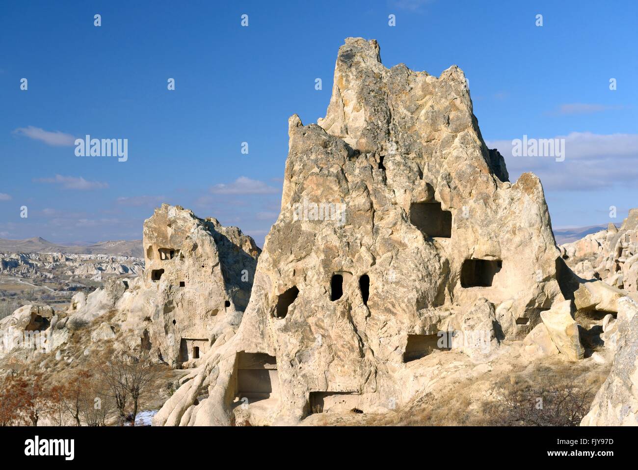 Eroded volcanic tuff early Christian nunnery troglodyte cave dwelling in Goreme Open Air Museum National Park, Cappadocia Turkey Stock Photo