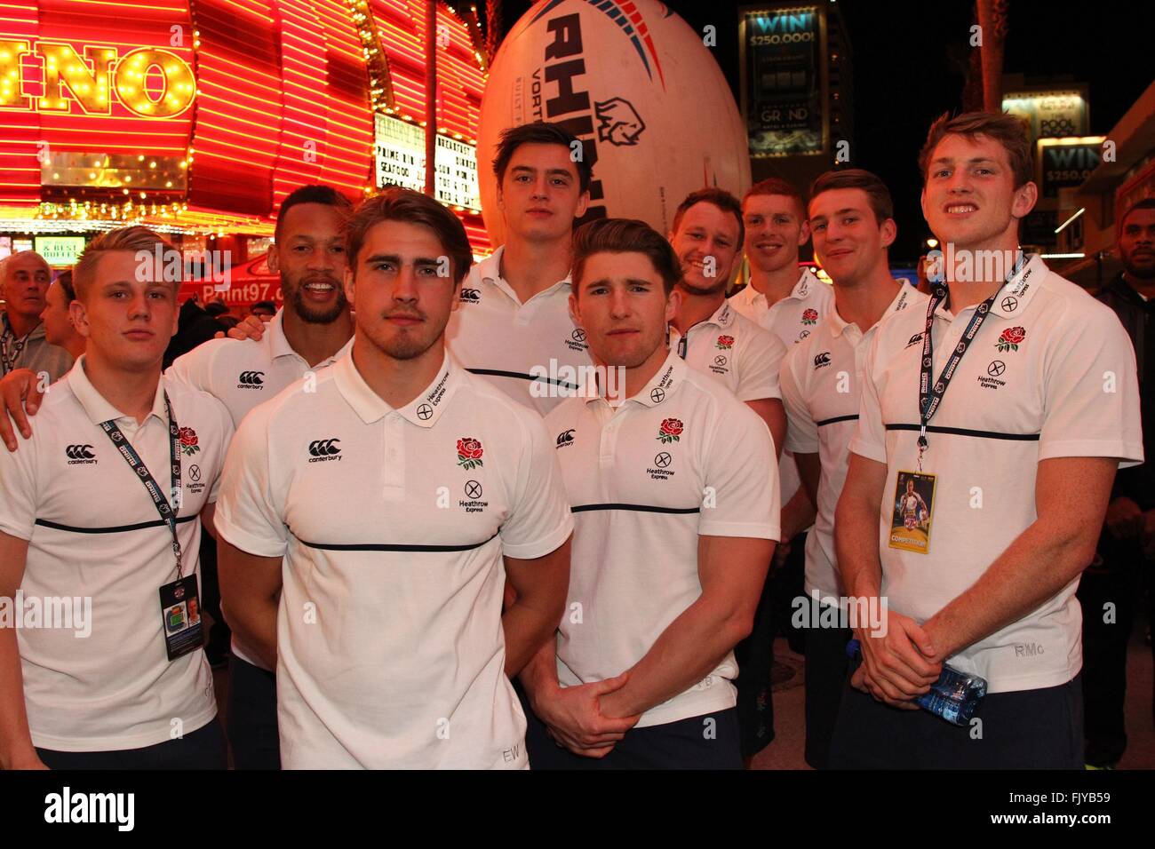Las Vegas, NV, USA. 3rd Mar, 2016. Cameron Cowell, Dan Norton, Ethan Waddleton, Alex Gray, Phil Burgess, James Cordy-Redden, James Rodwell, Alex Davis, Ruaridh McConnochie, England Sevens Rugby Team in attendance for Olympic Rugby Players Kick Off USA Sevens International Rugby Tournament with Parade of Nations, Fremont Street Experience, Las Vegas, NV March 3, 2016. Credit:  James Atoa/Everett Collection/Alamy Live News Stock Photo