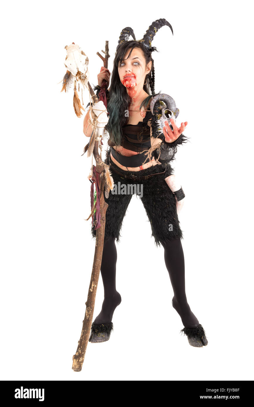 Faun sorceress with big horns and blood isolated in white Stock Photo