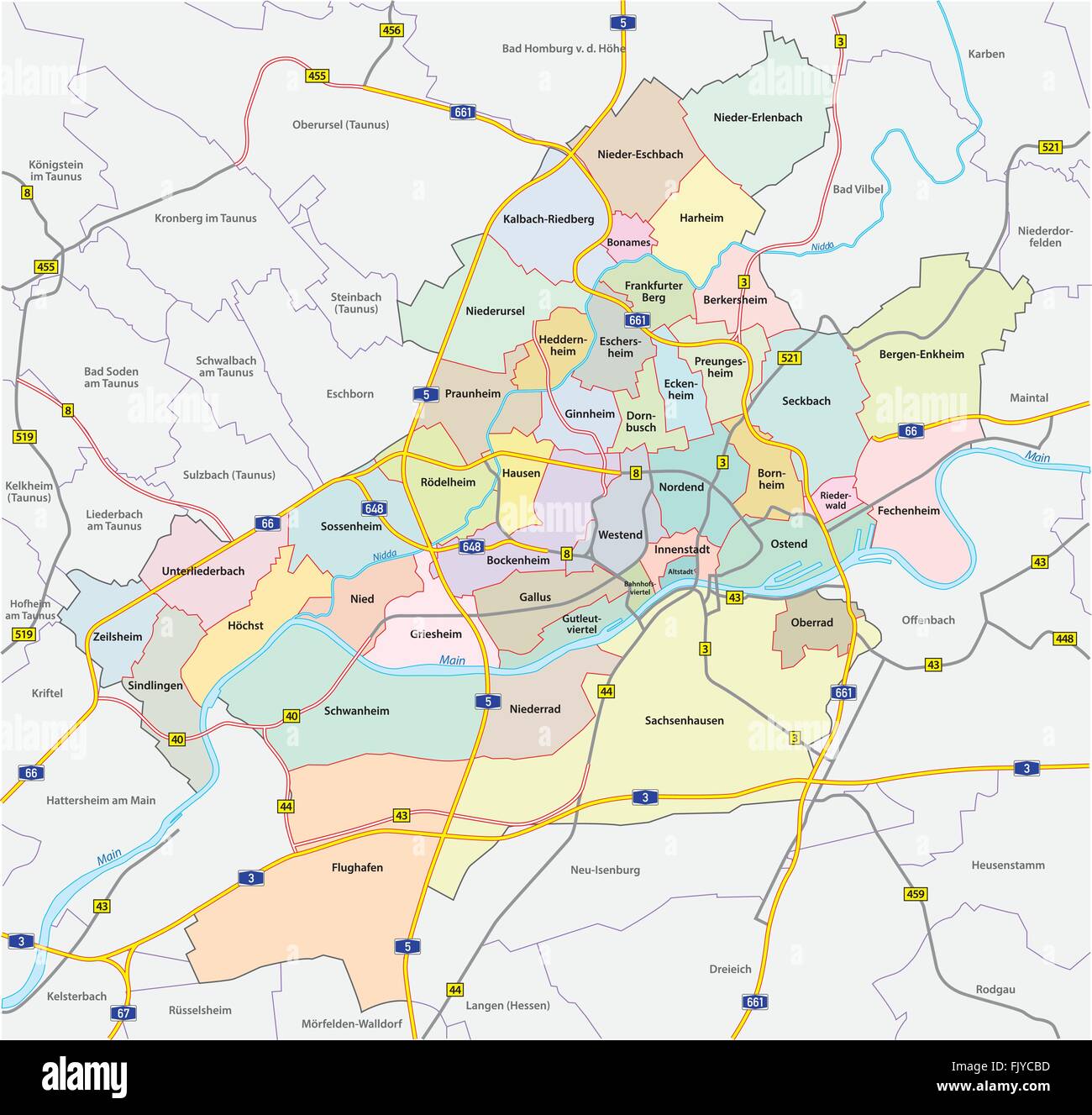 Frankfurt road and administrative map Stock Vector