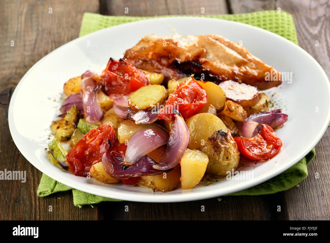 Fried vegetable with chicken meat, close up view Stock Photo