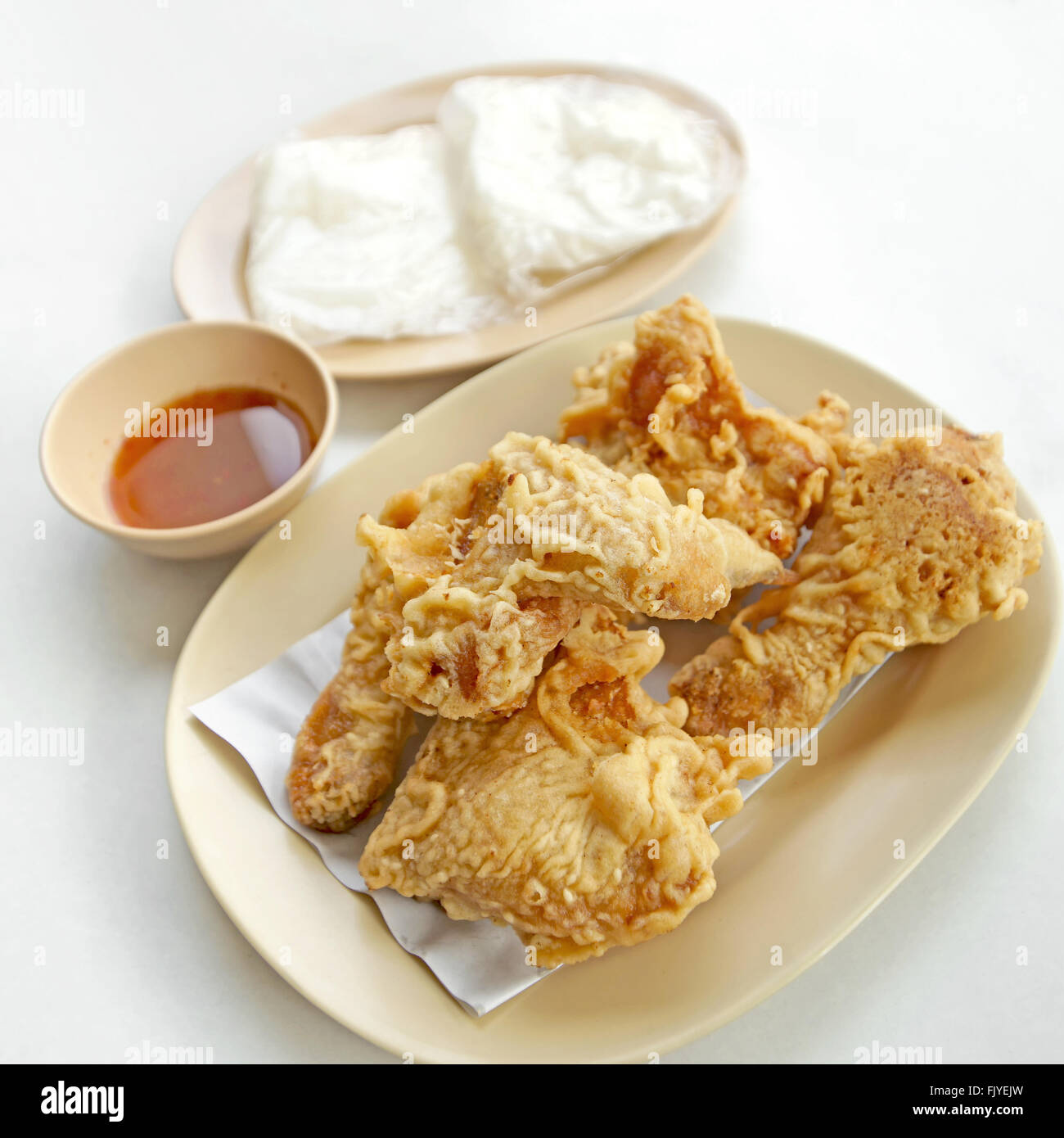 deep fried chicken with dips and sticky rice Stock Photo Alamy