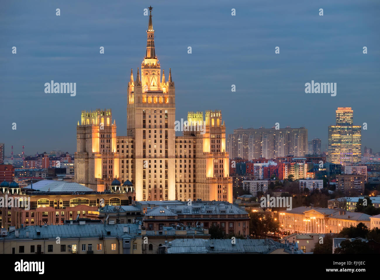 Panoramic view on top of the Stalin skyscrapers on Kudrinskaya Square and Presnensky district of Moscow Stock Photo