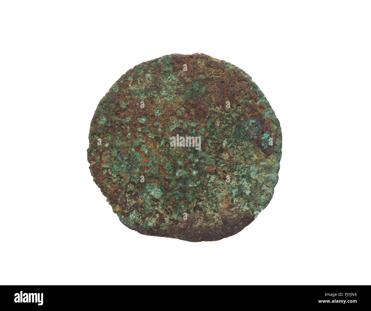 Unrecognisable old coin, rusted and green, isolated on white Stock Photo
