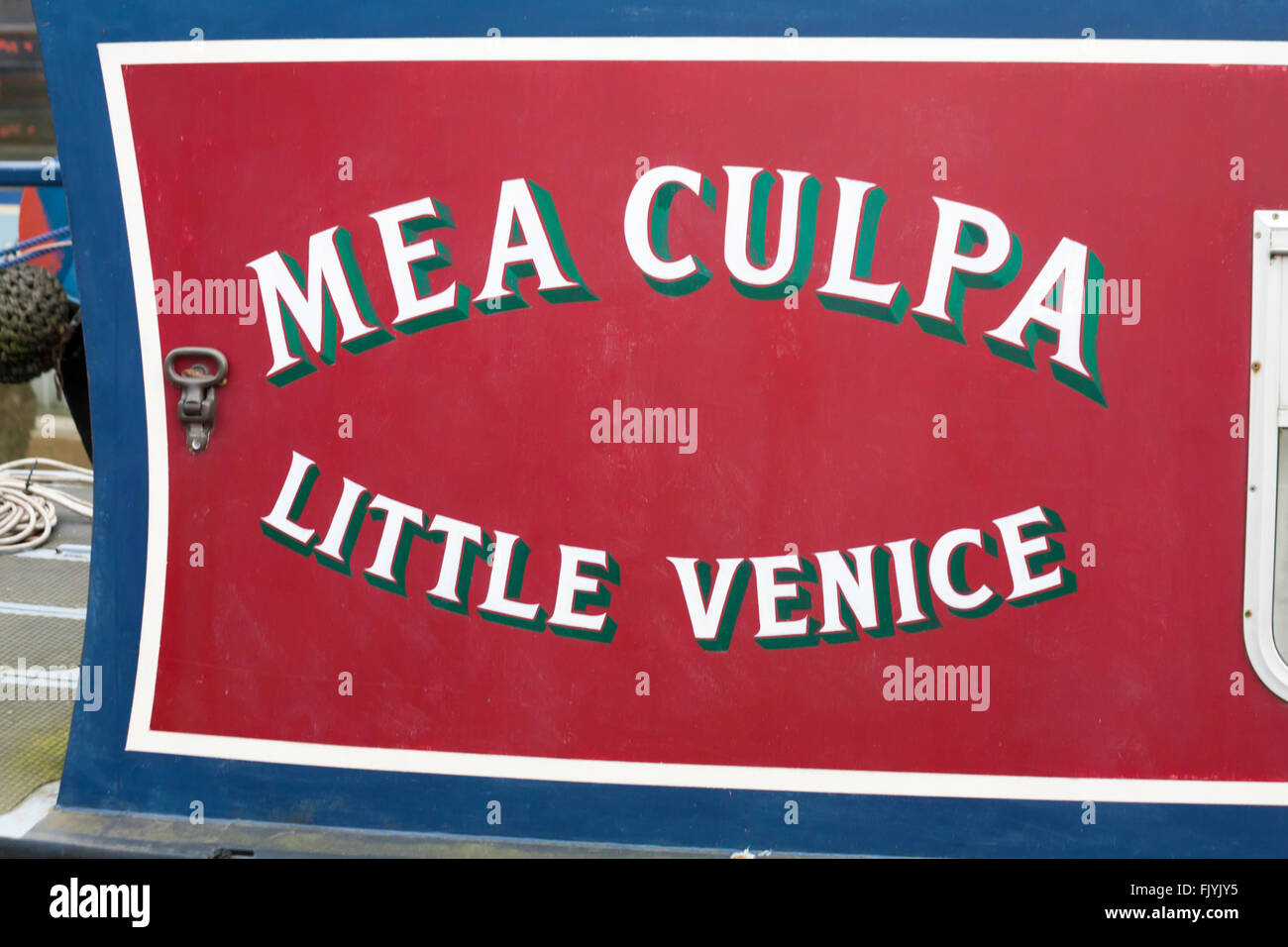 Mea Culpa Little Venice - detail on houseboat moored on Regents Canal at Little Venice, London, UK in February Stock Photo
