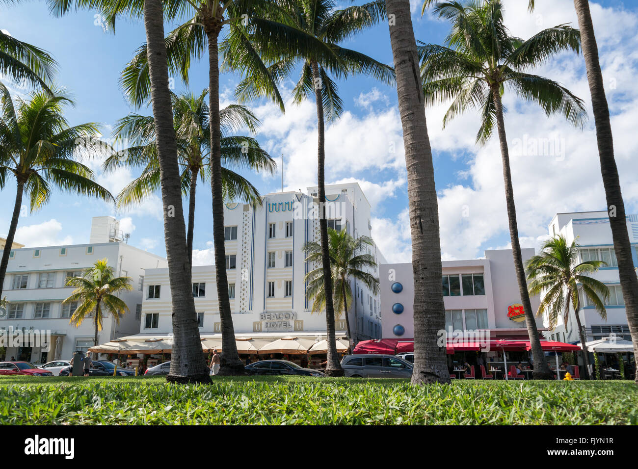 Art Deco on Ocean Drive from South Beach Boardwalk, Miami Beach, Florida, USA Stock Photo