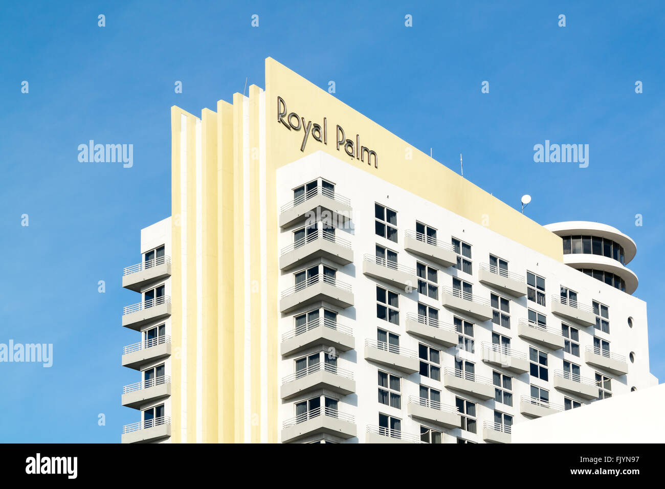 Top of Royal Palm Resort building on Collins Avenue in South Beach district of Miami Beach, Florida, USA Stock Photo