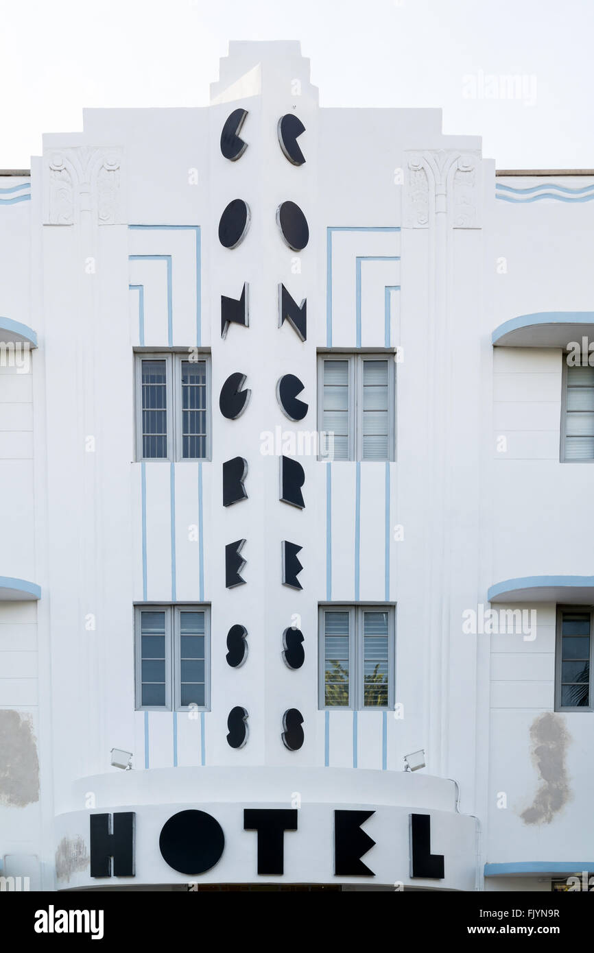 Front facade of art deco hotel  Congress on Ocean Drive in South Beach district of Miami Beach, Florida, USA Stock Photo
