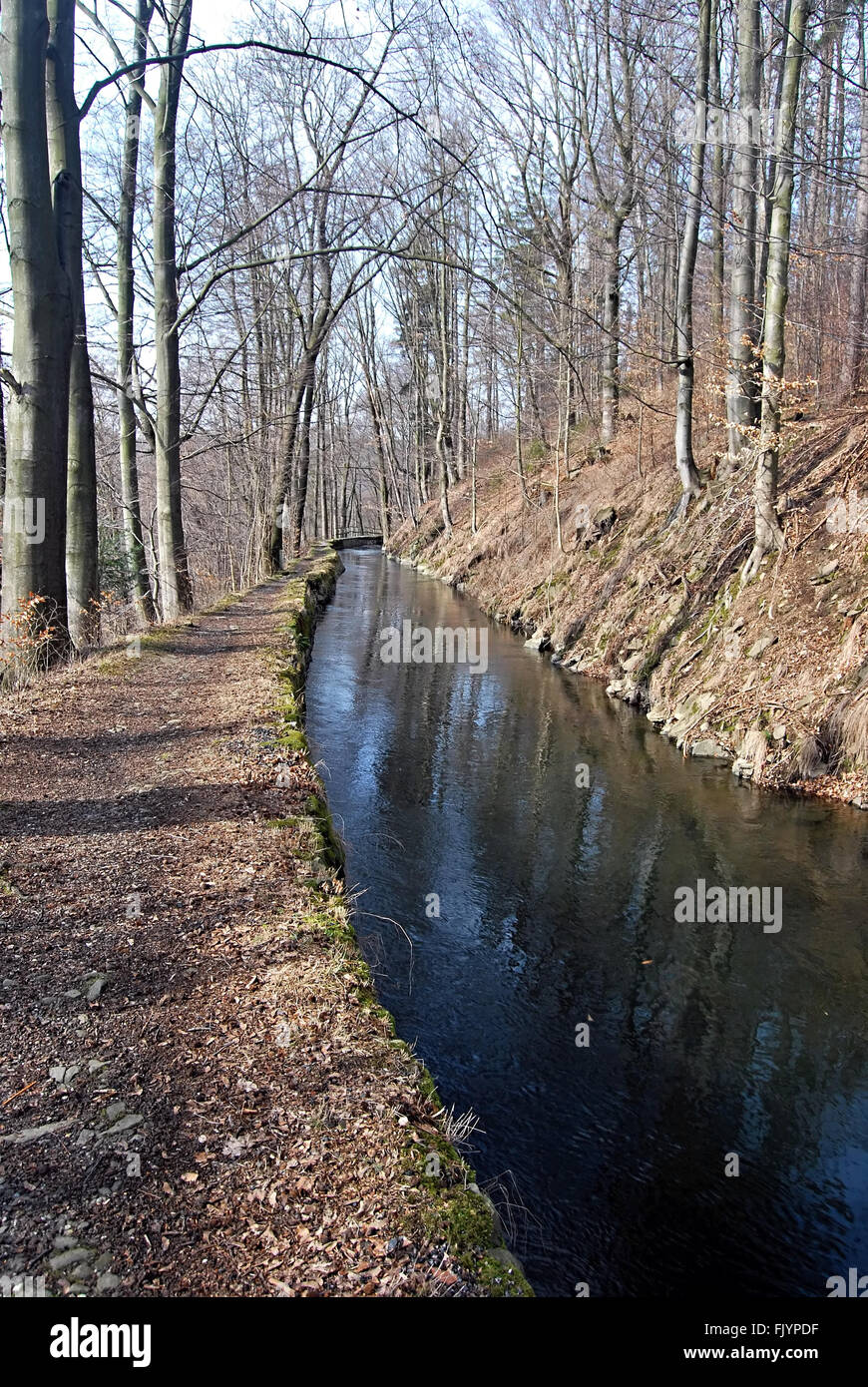 technical monument Weisshuhnuv kanal water channel during late winter day without snow near Hradec nad Moravici Stock Photo