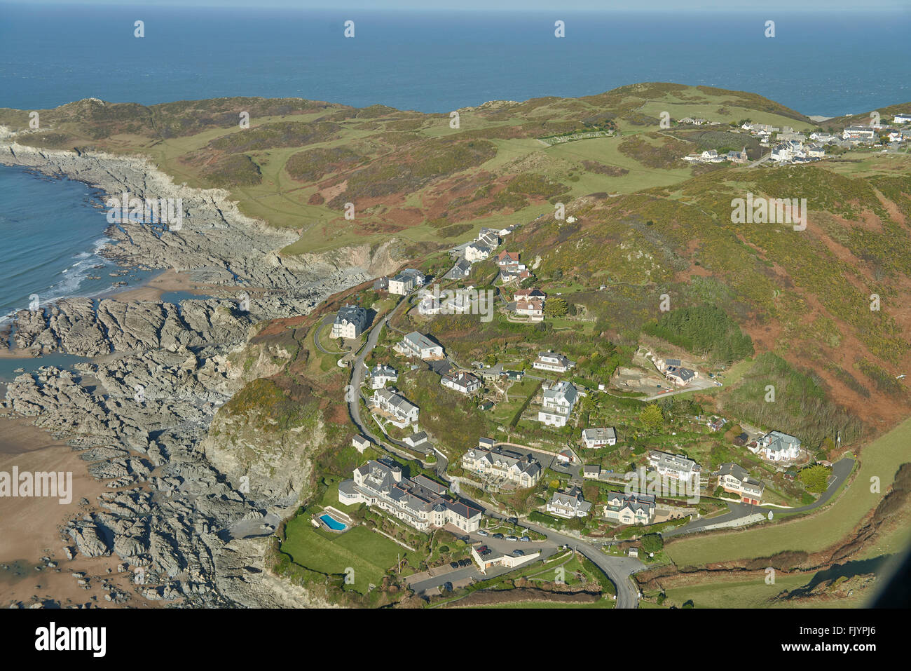 An aerial view of the North Devon seaside resort of Woolacombe Stock Photo