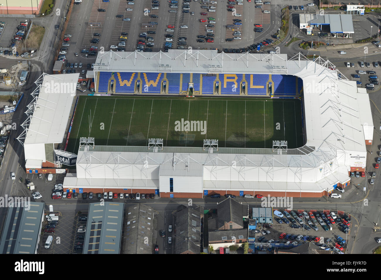 An aerial view of the Halliwell Jones Stadium, home of Warrington Wolves Rugby League FC Stock Photo