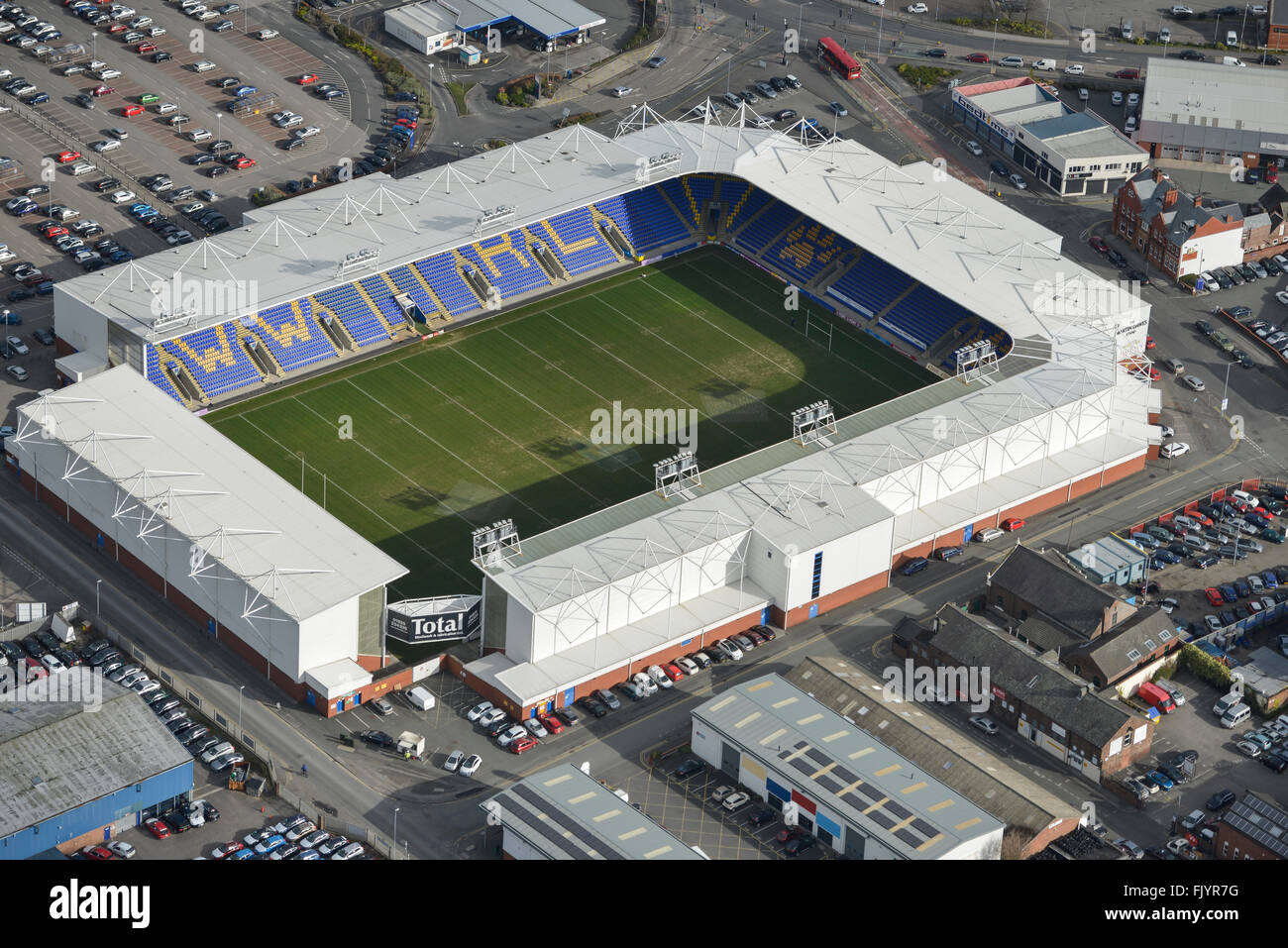 An aerial view of the Halliwell Jones Stadium, home of Warrington Wolves Rugby League FC Stock Photo