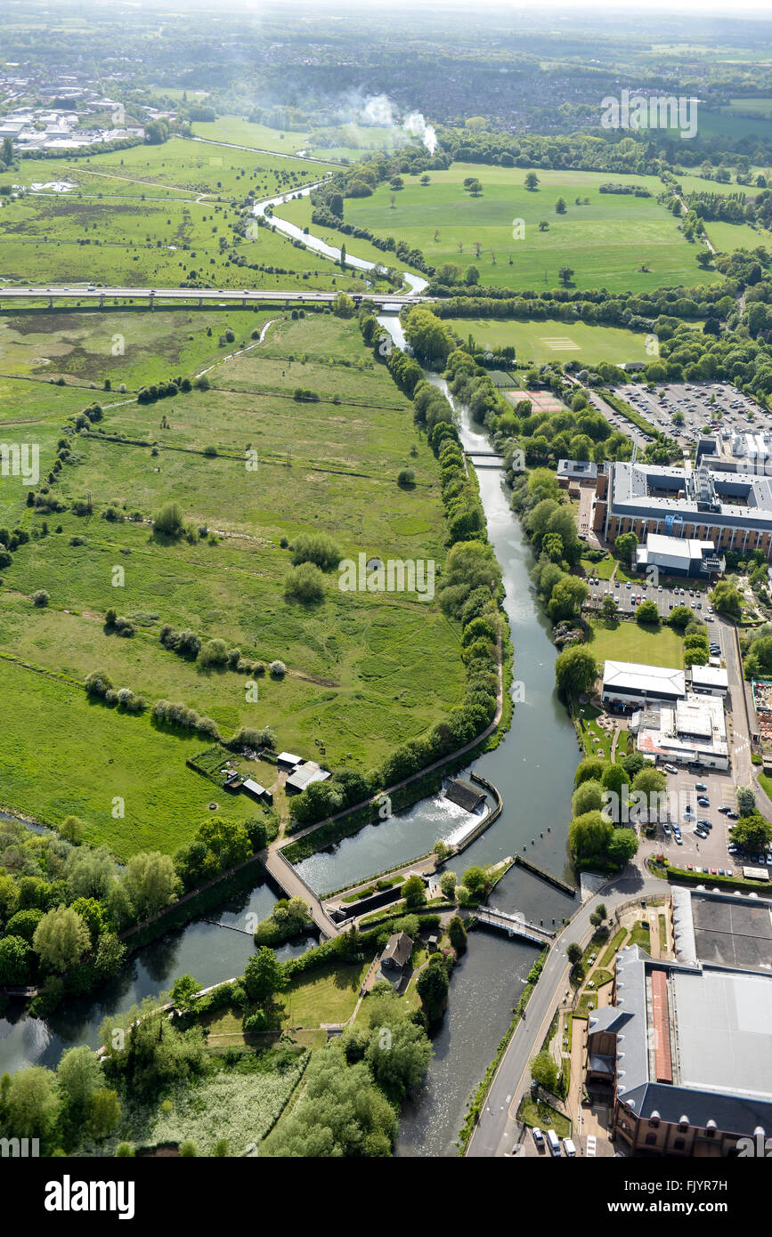 An aerial view of the River Lea passing close to Ware in Hertfordshire Stock Photo